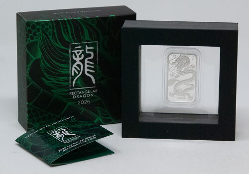Vorderseite der Australien 1 Dollar 2026 Rectangular Dragon 1 oz Silbermünze in Polierter Platte (PP) mit dem imposanten Drachenmotiv.