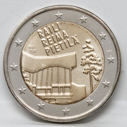 Vorderseite der Finnland 2 Euro 2026 Gedenkmünze Raili & Reima Pietilä in bankfrischer Erhaltung (unc) mit dem organischen Architektur-Relief.