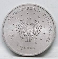 Rückseite der Deutschland 5 Euro 2026 Ariane 6 mit dem Bundesadler, dem Nennwert und dem Prägebuchstaben J.