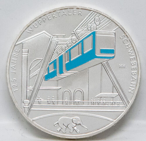 Vorderseite der Deutschland 35 Euro 2026 Gedenkmünze Wuppertaler Schwebebahn mit dem historischen Tragwerk und dem Wagen.