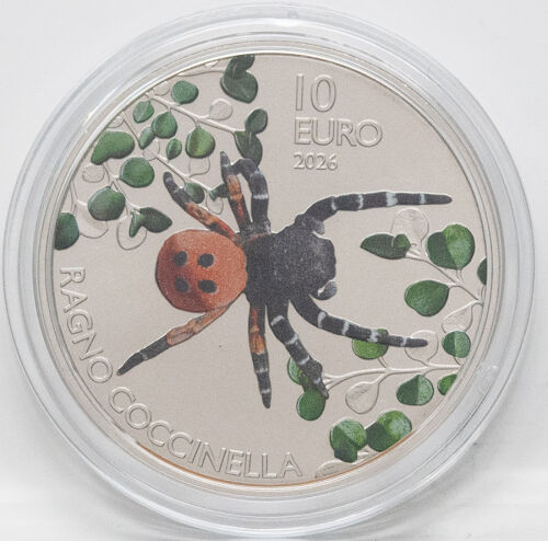 Bildseite der 10 Euro Münze 2026 aus San Marino mit dem filigranen Motiv Fauna - Spinne.