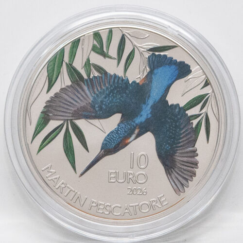 Motivseite der 10 Euro Gedenkmünze 2026 San Marino Fauna - Eisvogel in bankfrischer Erhaltung.