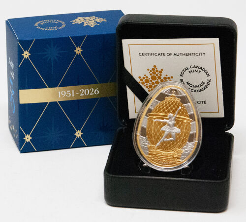 Vorderseite der kanadischen 20 Dollar Silbermünze 2026 75th Anni. National Ballet of Canada mit der anmutigen Balletttänzerin.