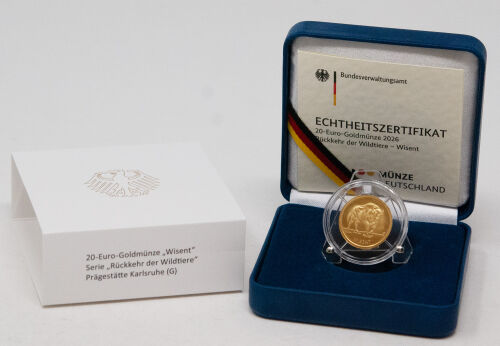 20 Euro Goldmünze 2026 Wisent Prägestätte G Wertseite mit Bundesadler und Nennwert