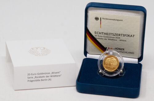 20 Euro Goldmünze 2026 Wisent Prägestätte A Wertseite mit Bundesadler und Nennwert