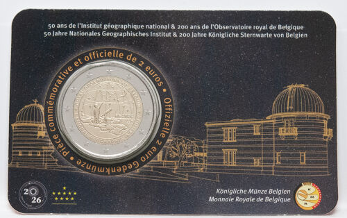 Vorderseite der offiziellen belgischen Coincard (französische Ausgabe) mit der 2 Euro Münze IGN.
