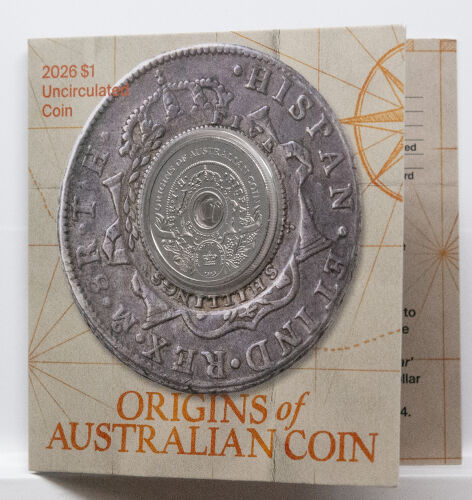 Motivseite der australischen 1 Dollar Münze 2026 Holey Dollar in der farbenfrohen Coincard.
