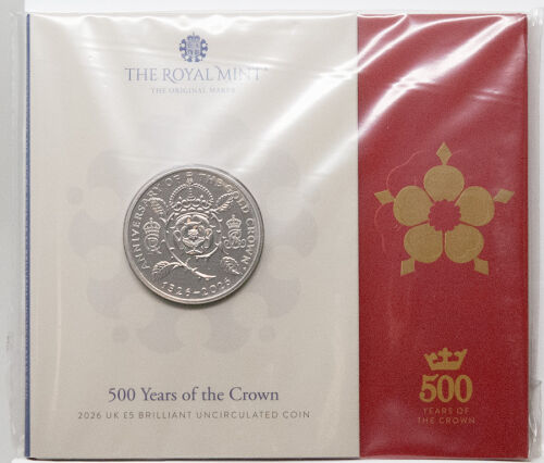 Motivseite der britischen 5 Pfund Münze 2026 500 Jahre Krone mit historischem Kronen-Motiv.