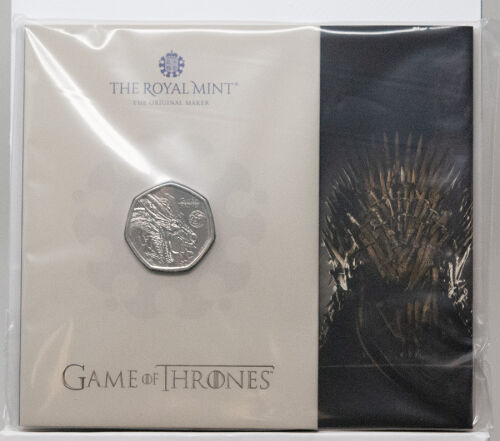 Motivseite der britischen 50 Pence Münze 2026 Game of Thrones - Fire im illustrierten Blister.