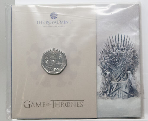 Motivseite der 50 Pence Münze 2026 Game of Thrones - Ice im eisblauen Sammlerblister.