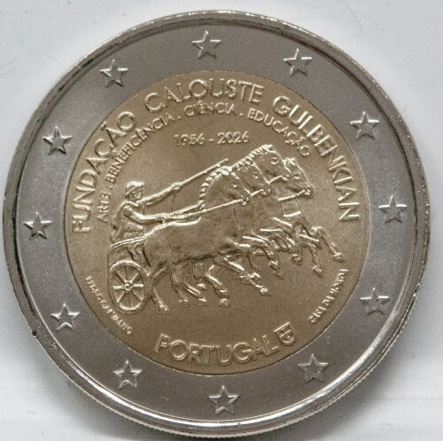 Vorderseite der portugiesischen 2 Euro Gedenkmünze 2026 Gulbenkian in prägefrischer Erhaltung.