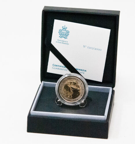 Motivseite der 2 Euro Gedenkmünze San Marino 2026 Franz von Assisi im seltenen Reverse Proof Finish.