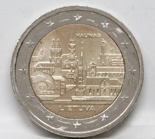 Vorderseite der litauischen 2 Euro Gedenkmünze 2026 Stadt Kaunas in unzirkulierter Erhaltung.