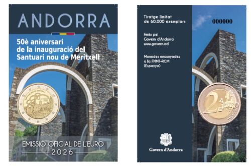 Vorderseite der offiziellen Coincard Andorra mit der 2 Euro Gedenkmünze 2026 Heiligtum von Meritxell.