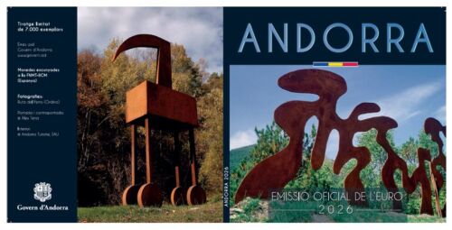Vorderseite des offiziellen Kursmünzensatz-Folders Andorra 2026 in Stempelglanz-Qualität.