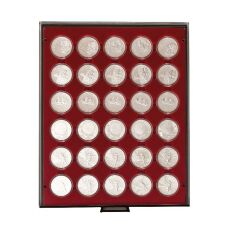Münzenbox mit 30 runden Vertiefungen für Münzenkapseln mit Außen-Ø 39 mm-Rauchglas / dunkelrote Einlage